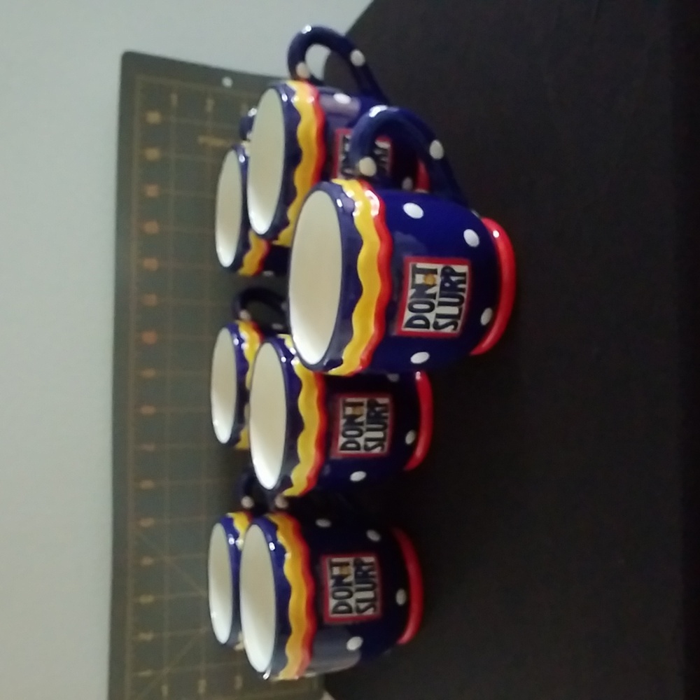 6 Mary Engelbreit Ink MUGs "Don't Slurp" SET OF 6 -1999 Vintage cobalt polka dot